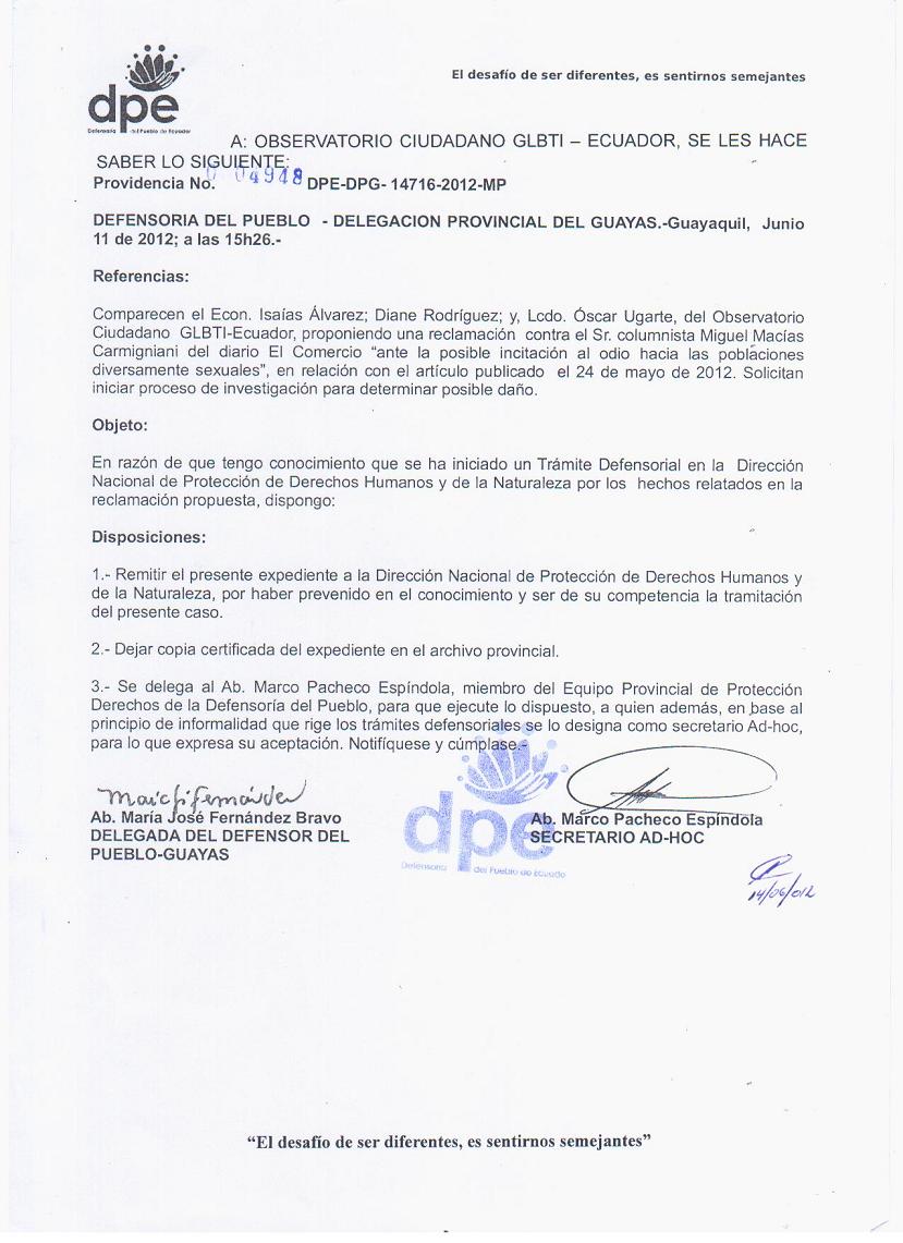 DPE Respuesta a Observatorio GLBTI - Columnista Miguel Macias