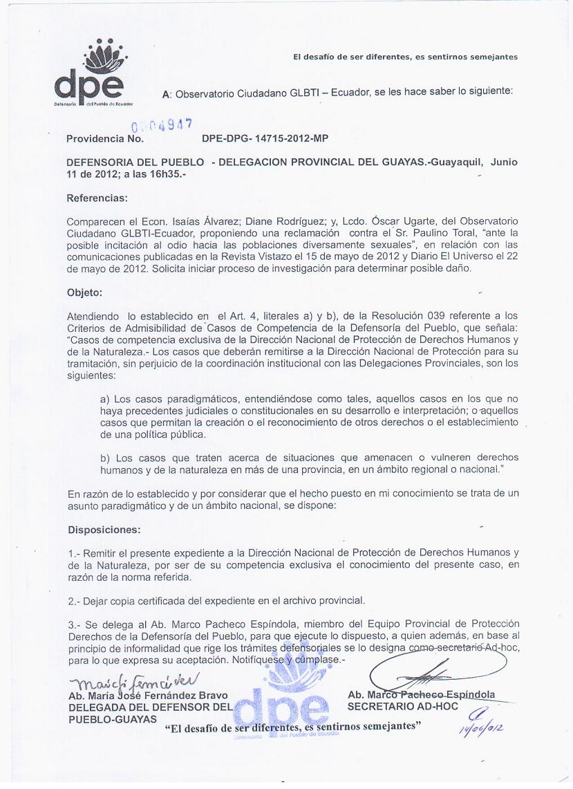 DPE Respuesta a Observatorio GLBTI - Padre Paulino Toral