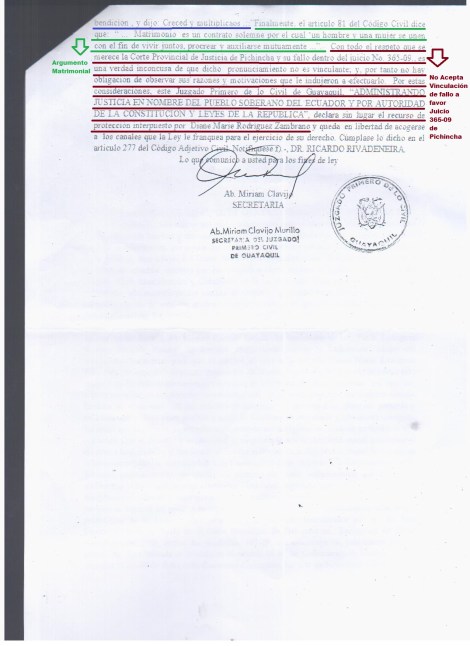 3 Juzgado 1ero de lo Civil Niega cambio de sexo en cedula de identidad de activista transexual Diane Rodriguez con la Biblia en Ecuador - Sentencia