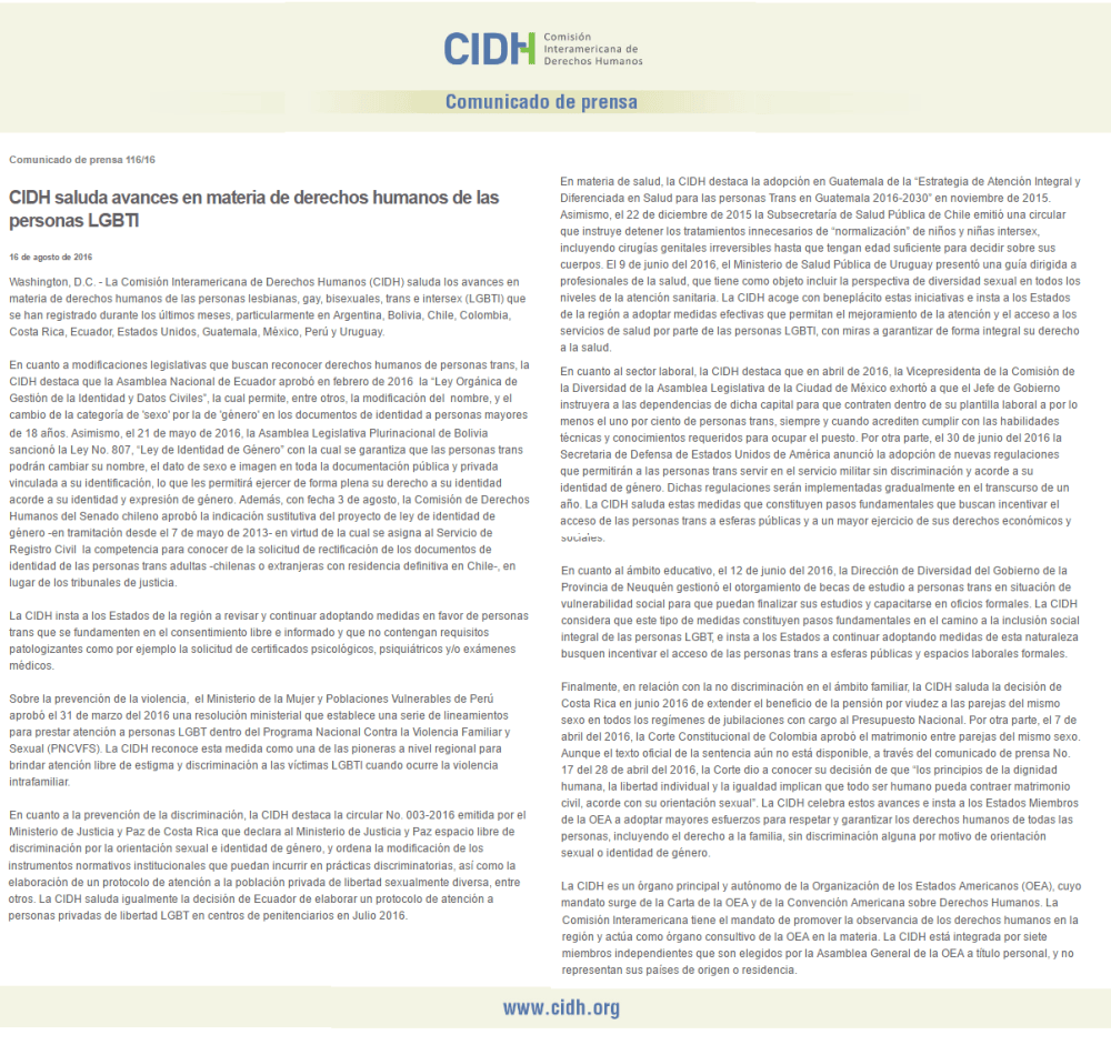 CIDH reconoce avances de derechos transgéneros en Ecuador
