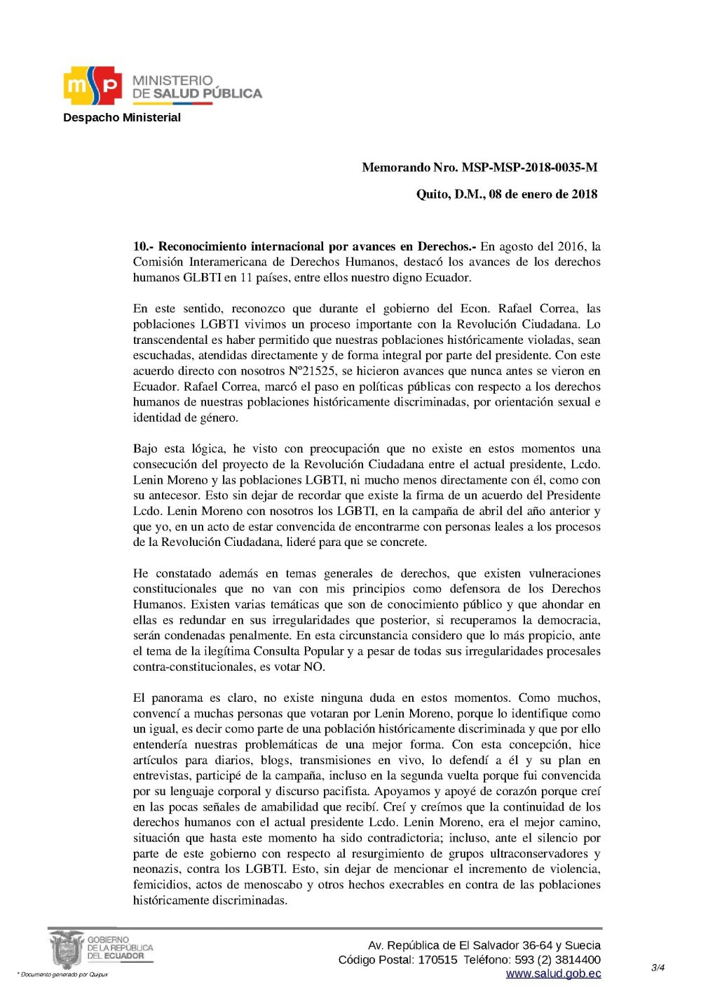 Renuncia Irrevocable de Psic. Diane Rodríguez como Asesora del Ministerio de Salud Pública del Ecuador 3
